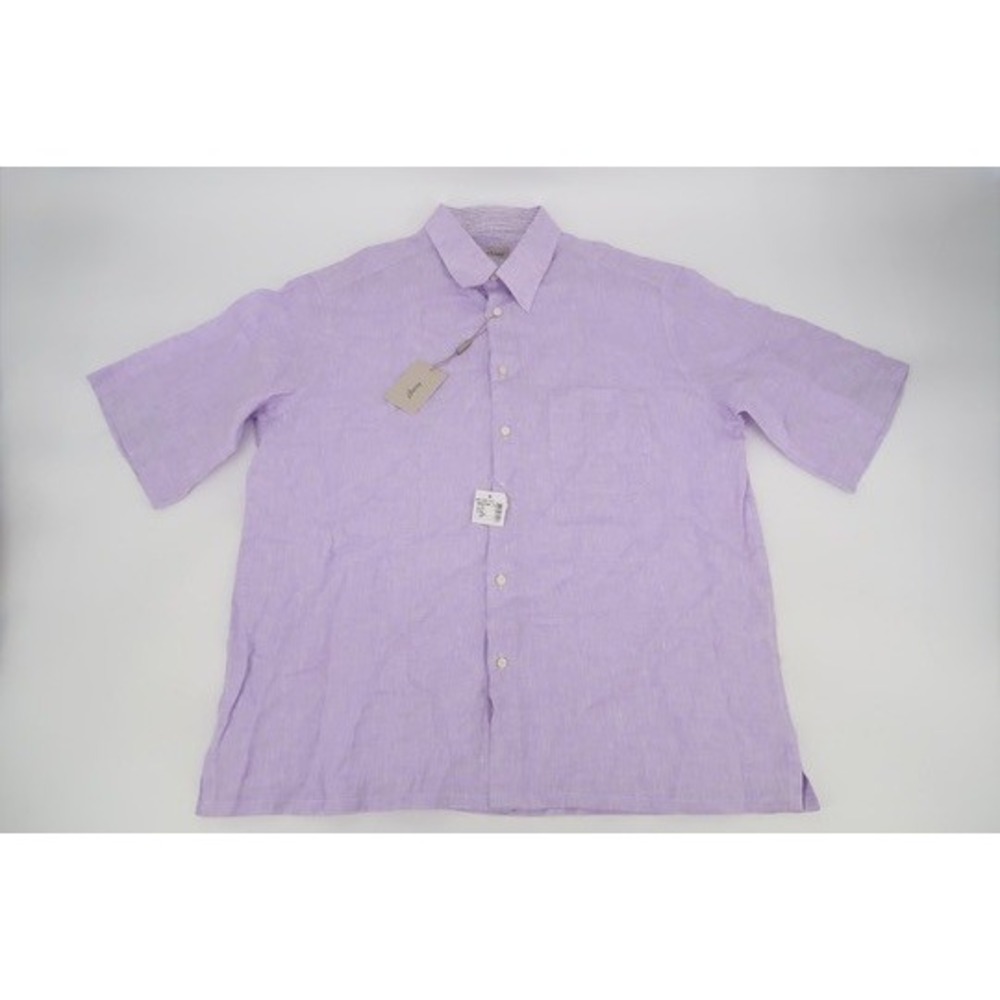 Brioni Mens XXL Short Sleeve Button‎ Front Shirt Purple Chambray Linen Italy NEW